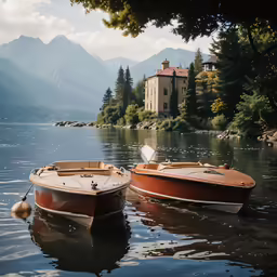 two wooden speedboats floating on top of a lake near a large building