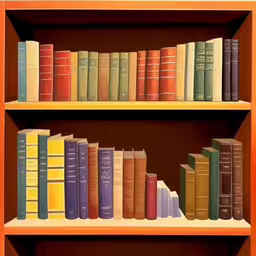 two brown book shelves with orange books sitting on top of them,a row of books sit next to each other on two orange shelving,the bookshelves are filled with various colored books,a book case with many books on it,two books are standing on each shelf in front of another