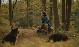 a woman sits in the middle of the forest, surrounded by her two dogs