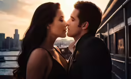 two people leaning together with the sun peeking through their eyes