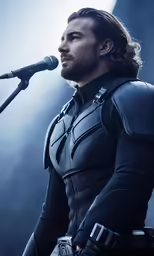 a man in black leather clothes on stage