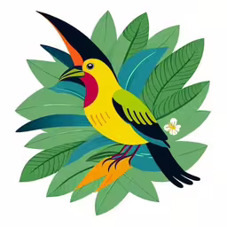yellow bird with orange beak standing on large green leaves