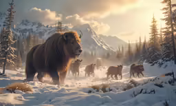 an image of a herd of bison in the snow