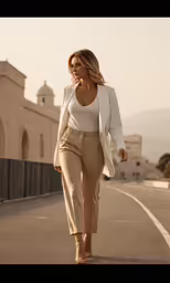 a woman is walking down the street while wearing beige pants