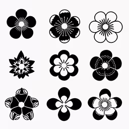 six different flower icons with one in the middle,black and white flower icon set