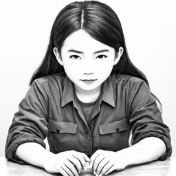 a woman with long hair is wearing an army uniform and sitting at a table with her hands folded over the edge