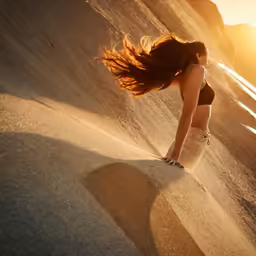 woman in a black bikini standing on top of a sandy beach