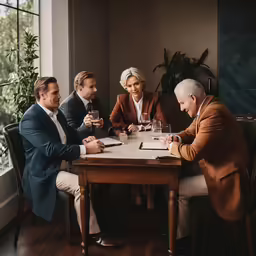 two couples and three other adults sit at a restaurant table