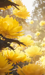 a sunlit area of yellow flowers with leaves