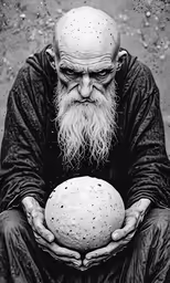 a bearded man with long white hair holding a large ball