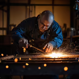 man welding in glass cutting shop working with bright beams