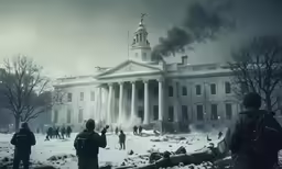 soldiers stand near the white house in a snowy landscape