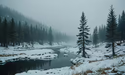 a winter scene shows trees on a snowy river
