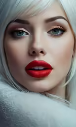 a woman with long white hair wearing a red lipstick