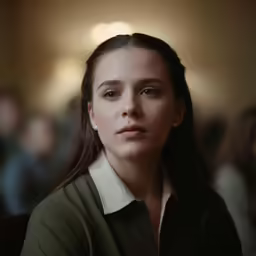 a woman in green shirt looking at the camera