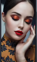 a girl with red lips and gold eyeshades