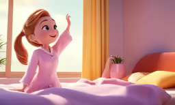 a cute little girl sitting on a bed with pink blanket