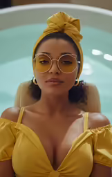a woman in a yellow dress sitting in a pool