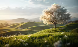 a white tree standing in the middle of a lush green field
