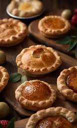 some pies sitting on top of a wooden board