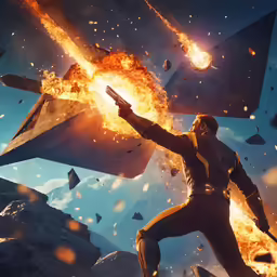 a man with a big sword with blazing stars in the background