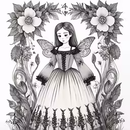 a black and white drawing of a girl in a dress