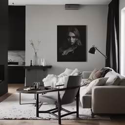 a modern living room with large artwork on the wall