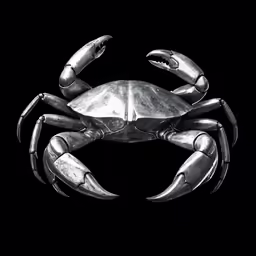 the metal crab is sitting against a black background