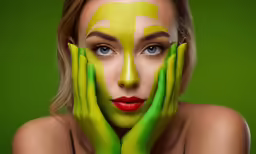 woman with painted face and hands over green background