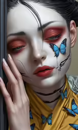 there is an artistic female with blue butterfly makeup