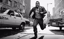 a man running across a street in the city,a man is running through the street near cars