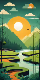 a poster of a stream in the middle of a green countryside,a painting of mountains in the distance and trees