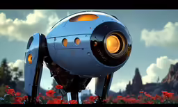 a robot holding a camera looking at flowers
