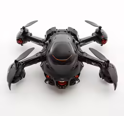 the front view of a black and red model helicopter