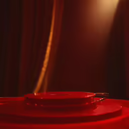 a light shines on a red plate on a red table