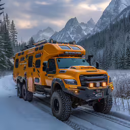 an orange truck on a snow covered road,a yellow truck with lights on driving on snow covered road