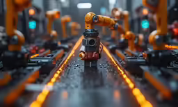 there is a robot toy in the middle of an assembly line