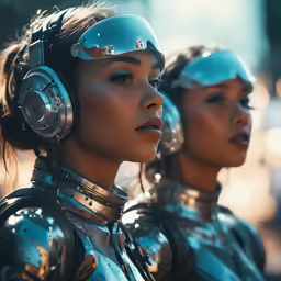 two robot girls with headphones on and a black background
