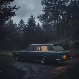 an older car parked on the side of a forest path