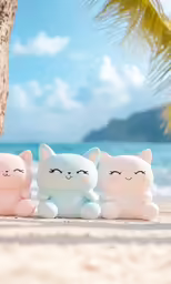 three little kitten shaped salt pots sitting on a sandy beach