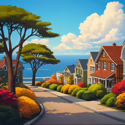 painting of small city street with houses in foreground