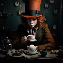 a young woman sitting at a table drinking coffee