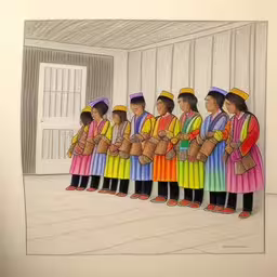 a group of kids standing next to each other in front of an open door,this is a drawing of some people wearing long dress