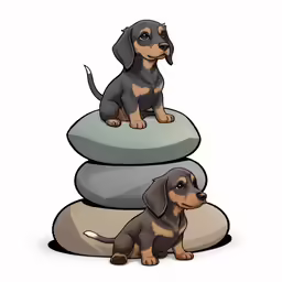 the dog is sitting on two stones