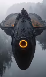 a battleship in the water has a large glowing eyeball
