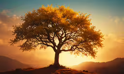 a tree that is in the middle of a hill,a large, leafy tree sits at the base of a mountain on a hazy day