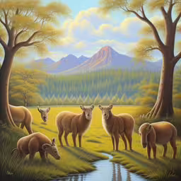 a painting of sheep and three deer drinking out of a pond,some animals are in the brush by a stream,five sheep graze in the field near a stream,sheep are standing in the grass by a pond,a painting of some animals by the river