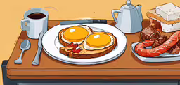 a table that has a plate with eggs and sausages,an illustration of a breakfast of toast, eggs and sausages