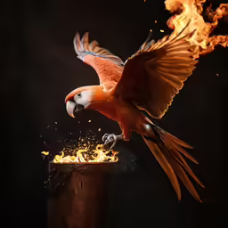 the bird is flying above the fire burning