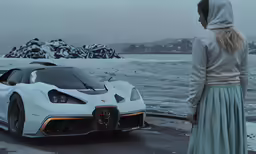 a girl is standing by a race car
